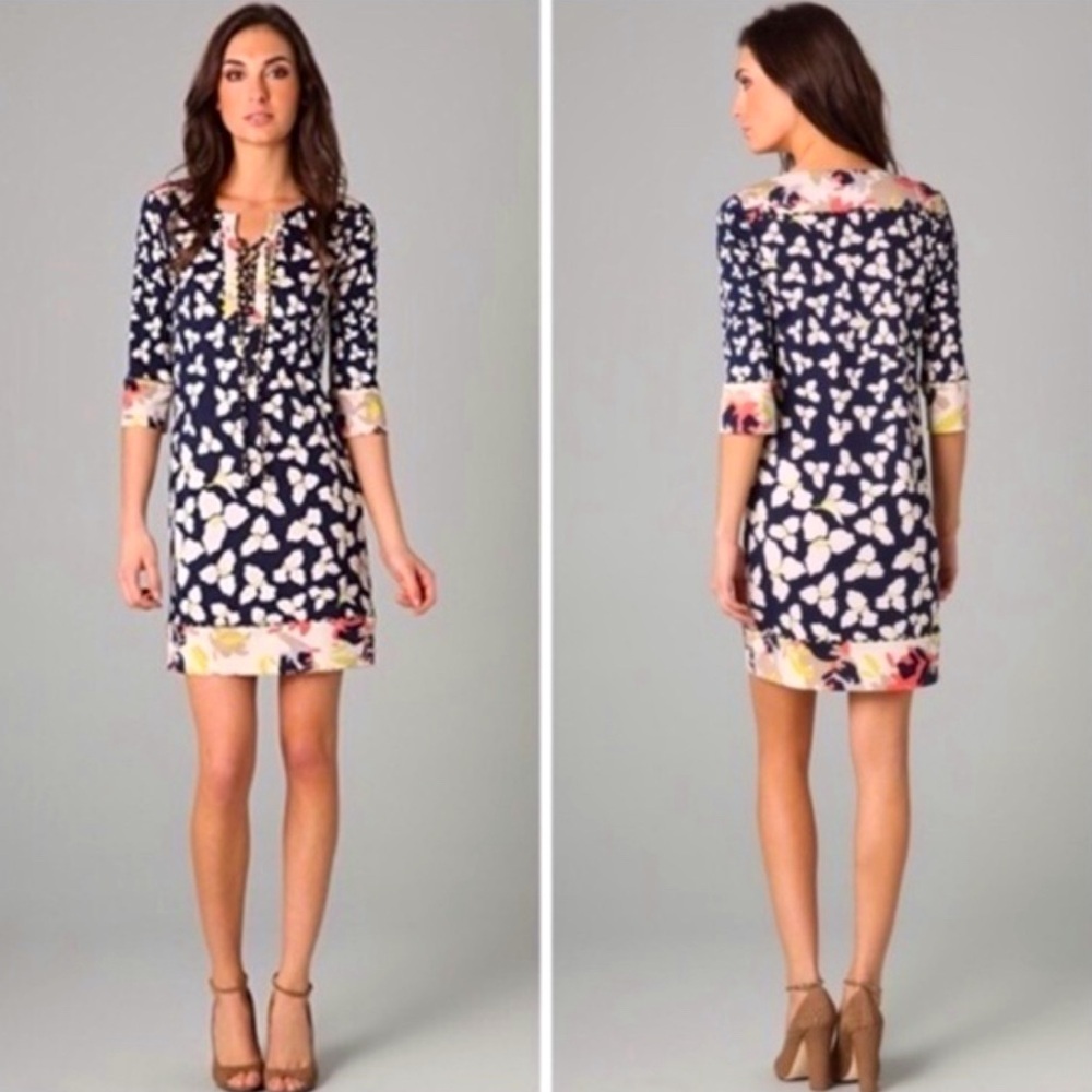 Diane Von Furstenberg DVF Trella Dress Silk Floral Laced Shortsleeves Blue 2